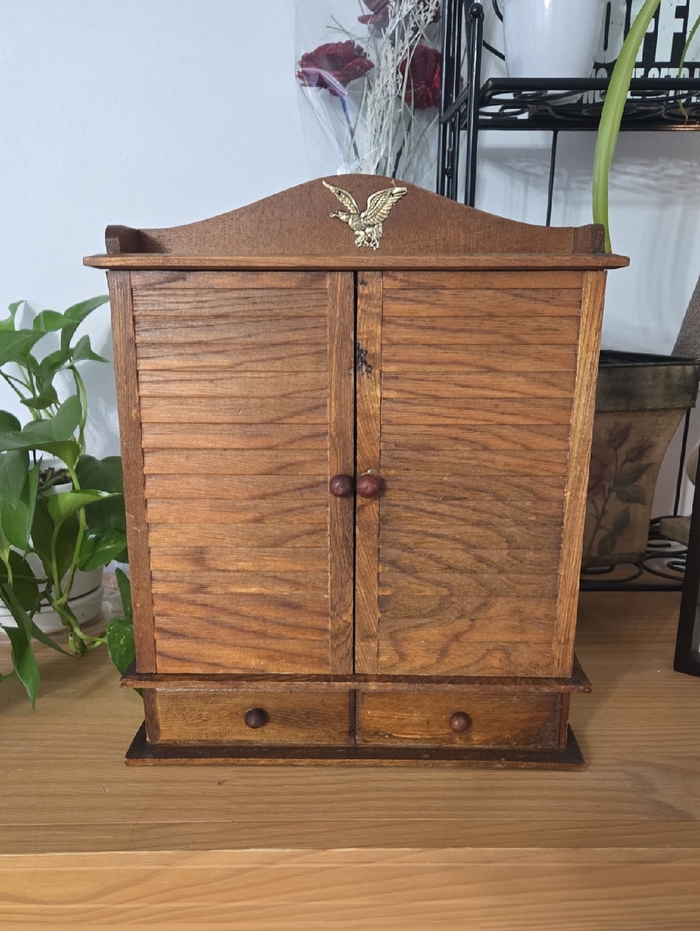 Vintage Wooden Spice Cabinet With 12 Glass Jars And Two Drawers.
